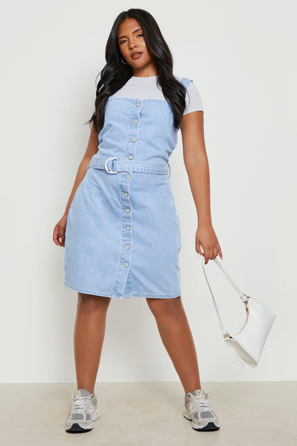 Plus Denim Belted Pinafore Dress boohoo NZ